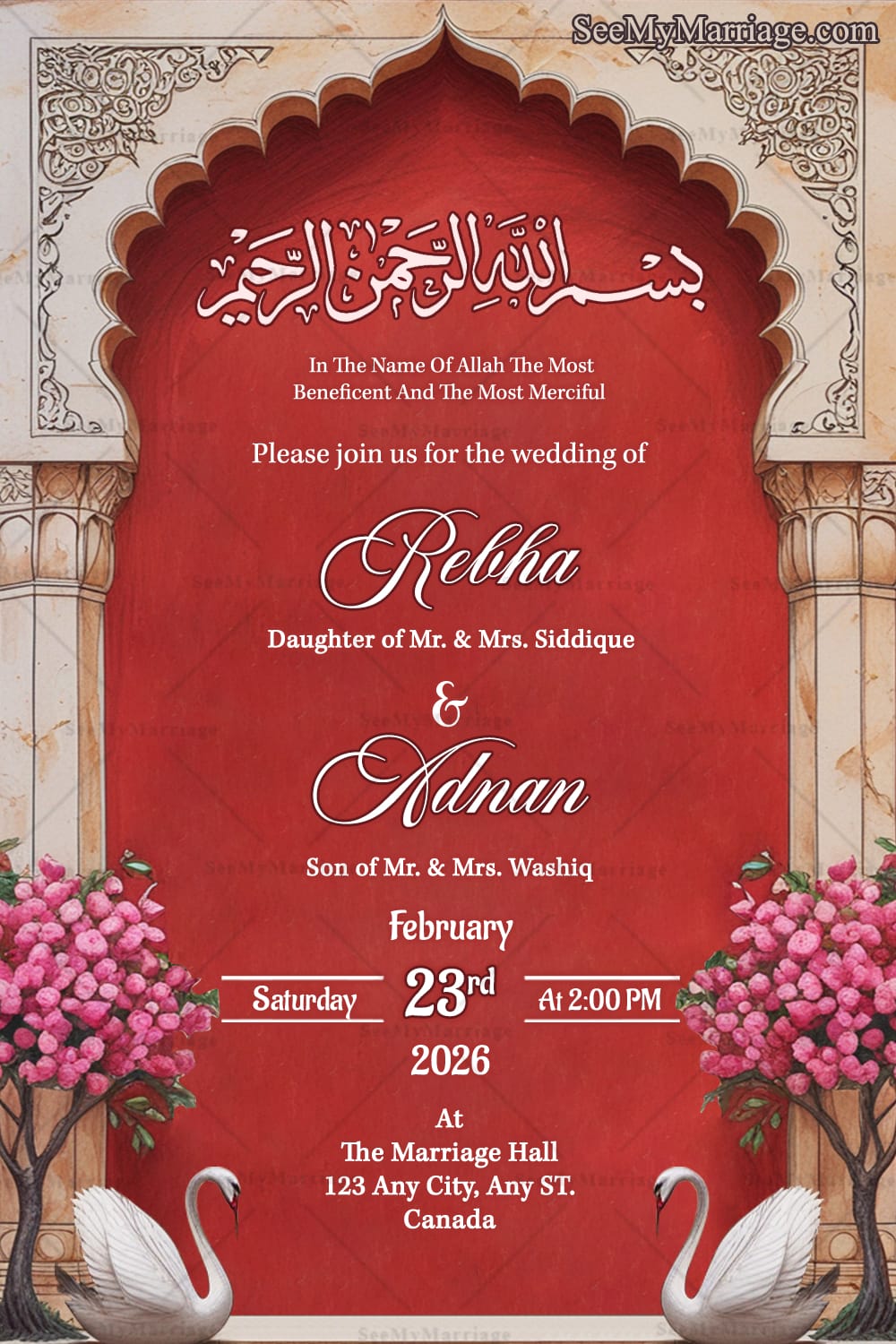 Mughal Arch Muslim Wedding Invitation Card with Blossoming Trees and White Swans