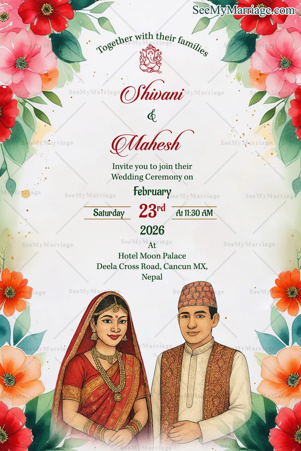 Nepali Wedding Invitation Card with Illustrated Bride-Groom and Vibrant Flower
