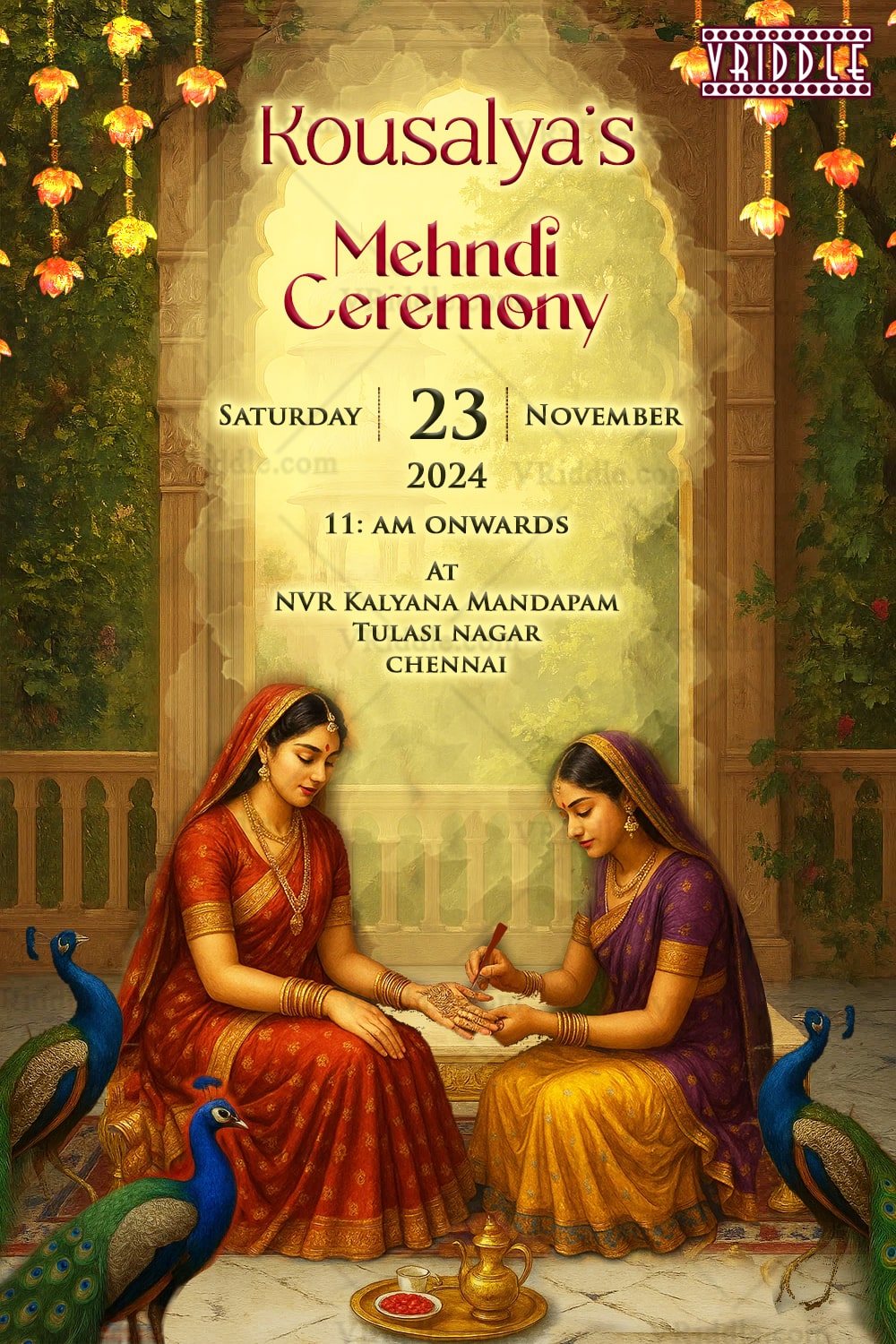 Palatial Mehndi Invitation Peacock Blues & Marigold Yellows Mythological women in Indian Art Style
