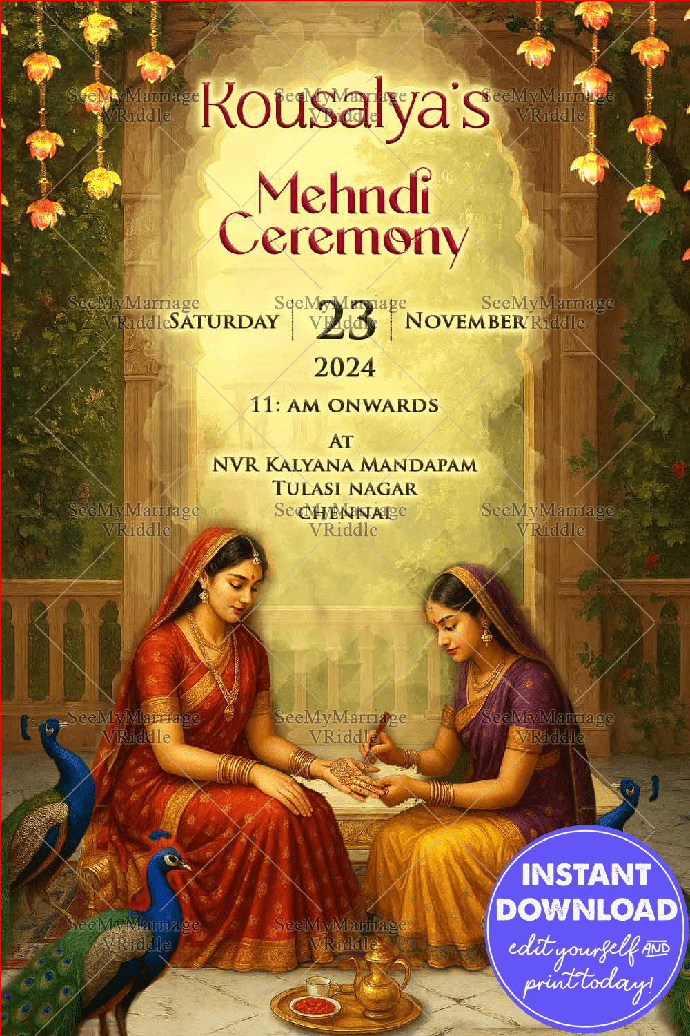 Palatial Mehndi Invitation Peacock Blues & Marigold Yellows Mythological women in Indian Art Style