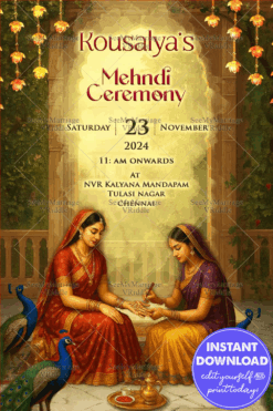 Palatial Mehndi Invitation Peacock Blues & Marigold Yellows Mythological women in Indian Art Style