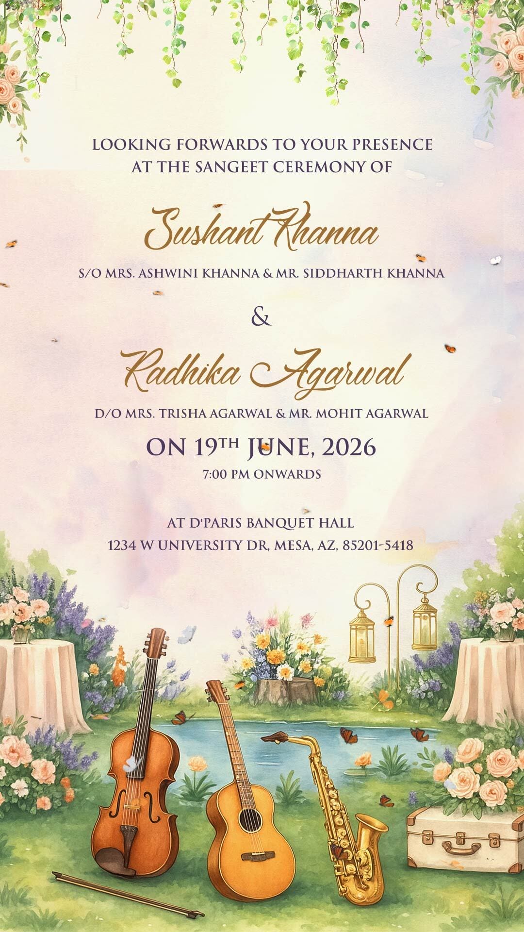Pastel and Musical Themed Sangeet Ceremony Invitation Video with Garden Backdrop, Guitar, Violin and Saxophone
