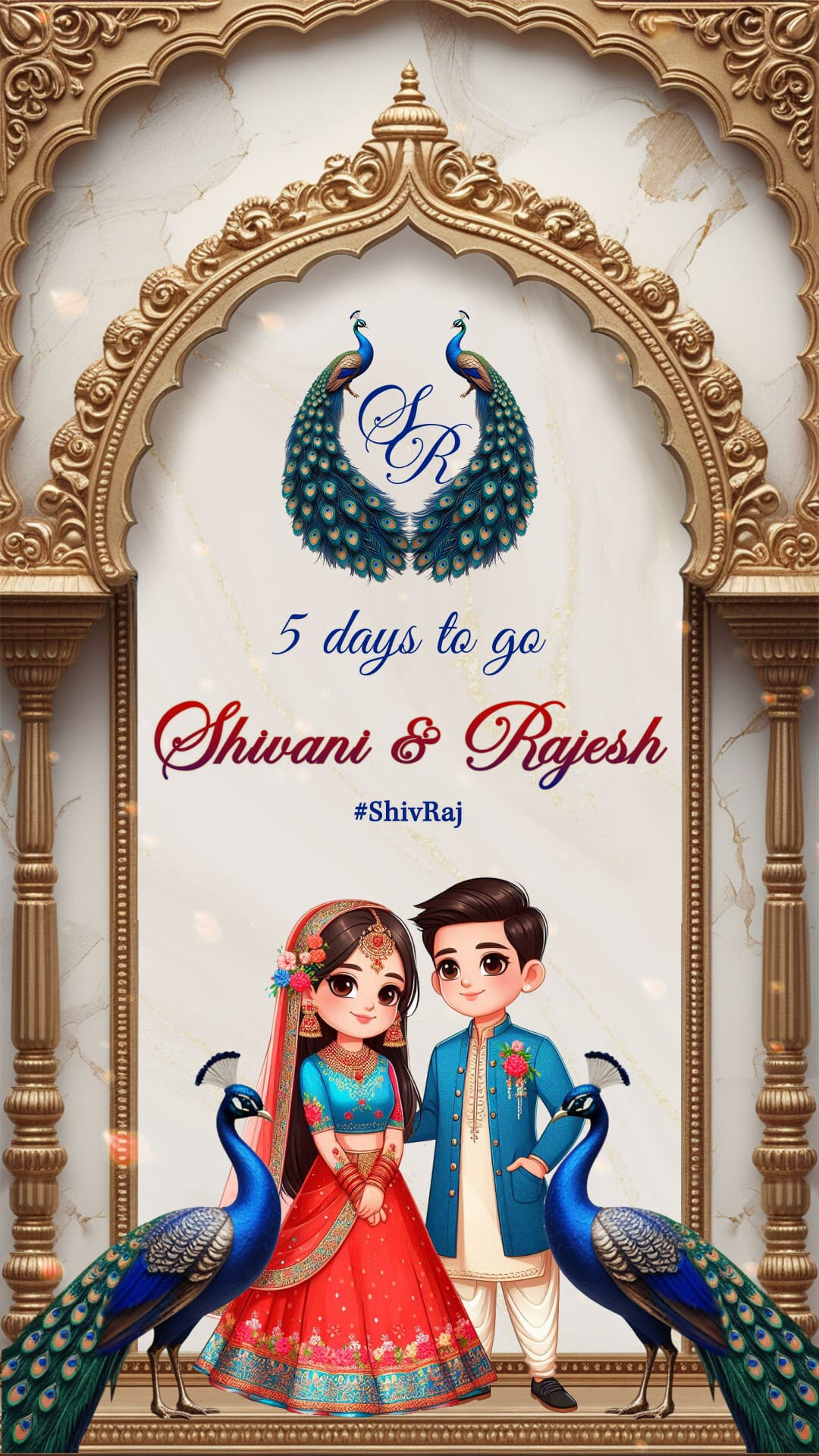 Peacock Theme Wedding Countdown Video with Cartoon Bride & Groom
