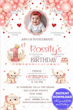 Pink Balloon First Birthday Invitation with Cute Elephants & Baby Girl Theme with Add Photo Option
