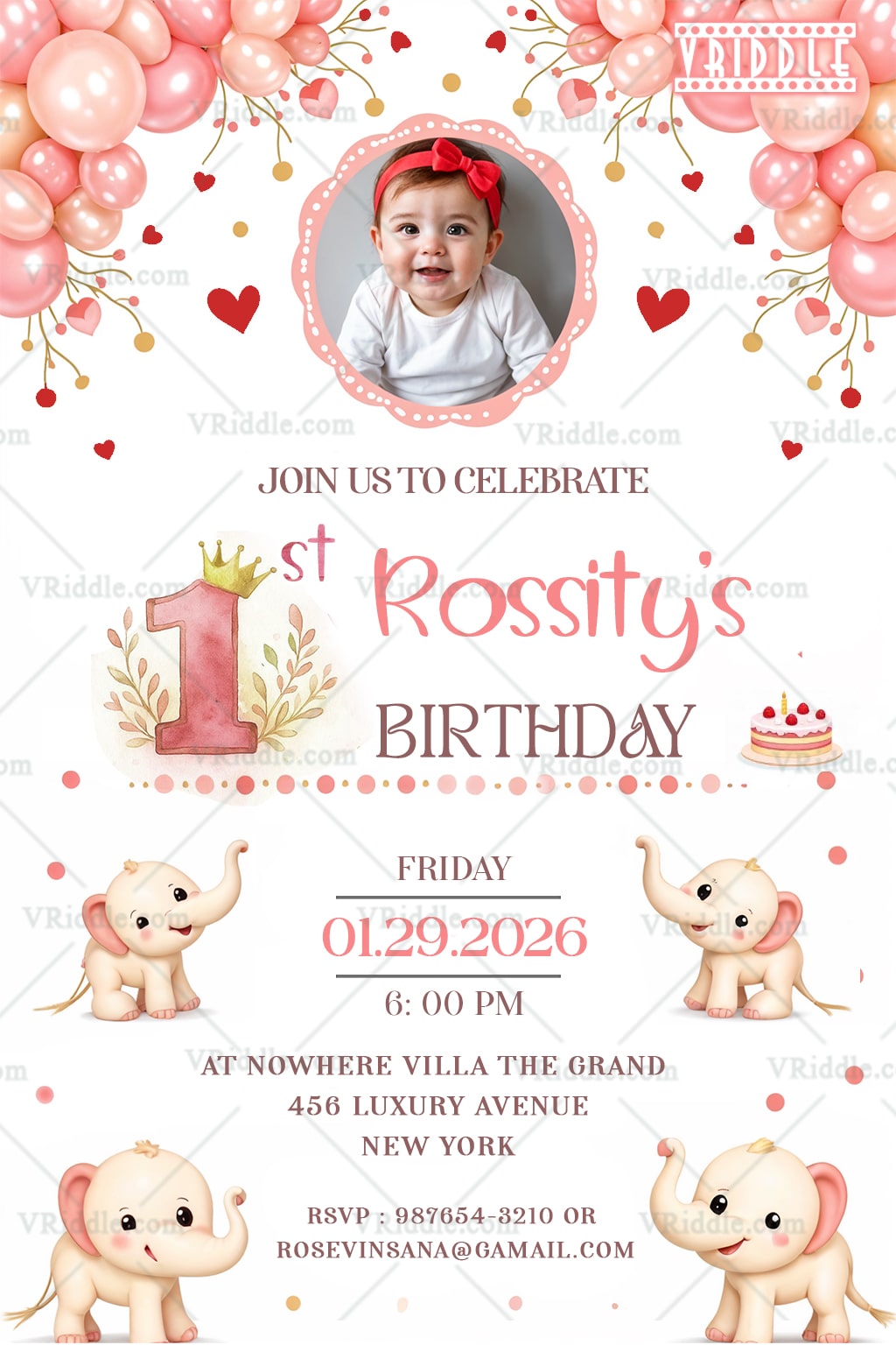 Pink Balloon First Birthday Invitation with Cute Elephants & Baby Girl Theme with Add Photo Option