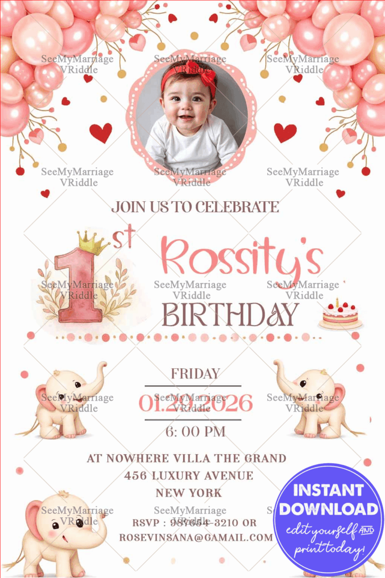 Pink Balloon First Birthday Invitation with Cute Elephants & Baby Girl Theme with Add Photo Option