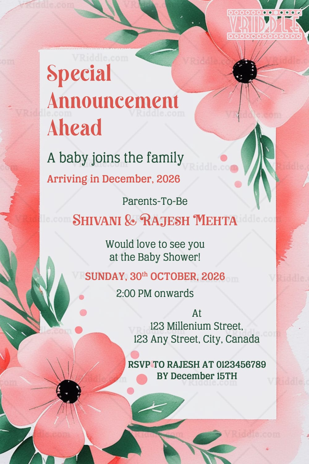 Pink Flower Theme Pregnancy Announcement Card with Pastel Floral Baby Arrival Invite