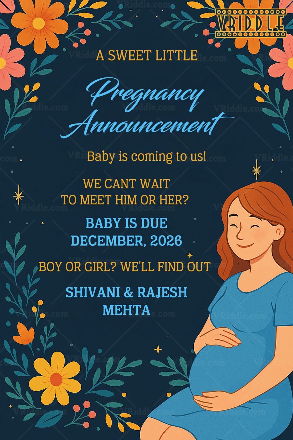 Playful Floral Pregnancy Announcement with Whimsical Design and Expecting Mom Illustration