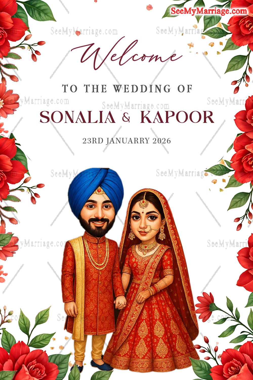 Wedding Welcome Sign Board with Punjabi Couple Caricature Illustration in Red Rose Floral Theme on White Background
