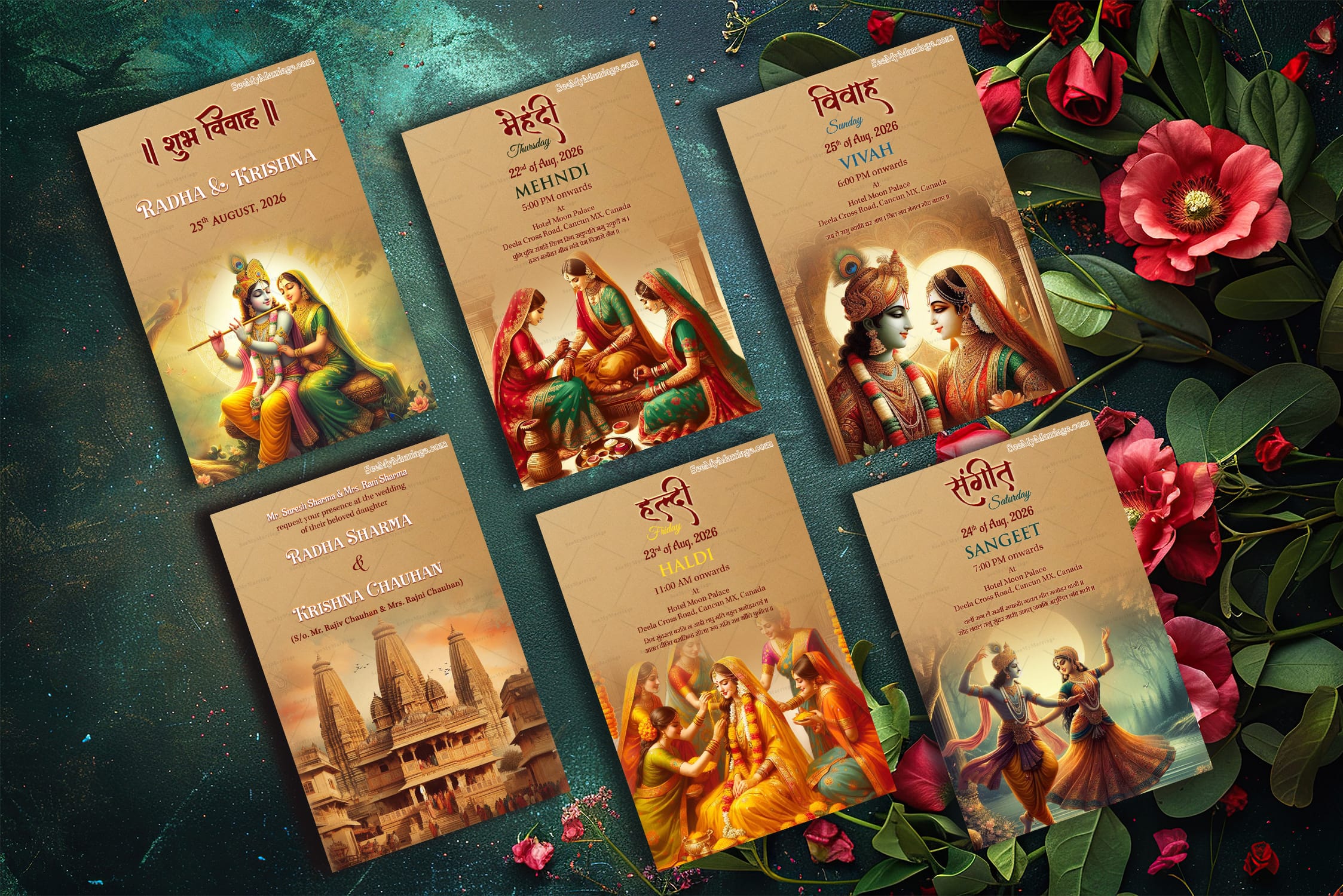 Radha Krishna Theme Wedding Invitation Set with Ritual Illustrations and Mehndi, Haldi, Sangeet, Vivah