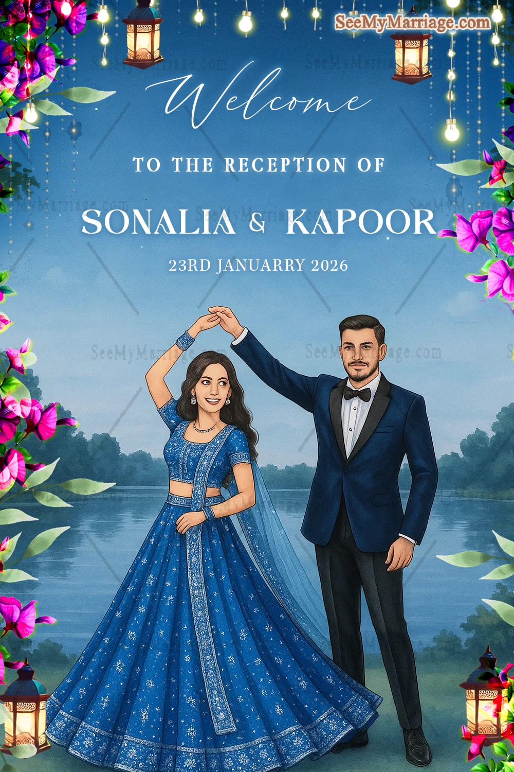 Reception Welcome Sign Board with Dancing Couple Illustration by the Lake in Floral & Lantern Theme