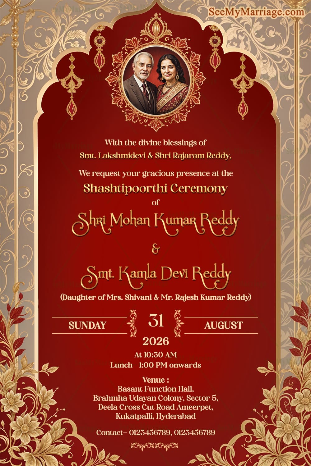 Red and Gold Theme Shastipoorthi Ceremony Card with Add Photo, Ornate Floral Design and Couple Portrait