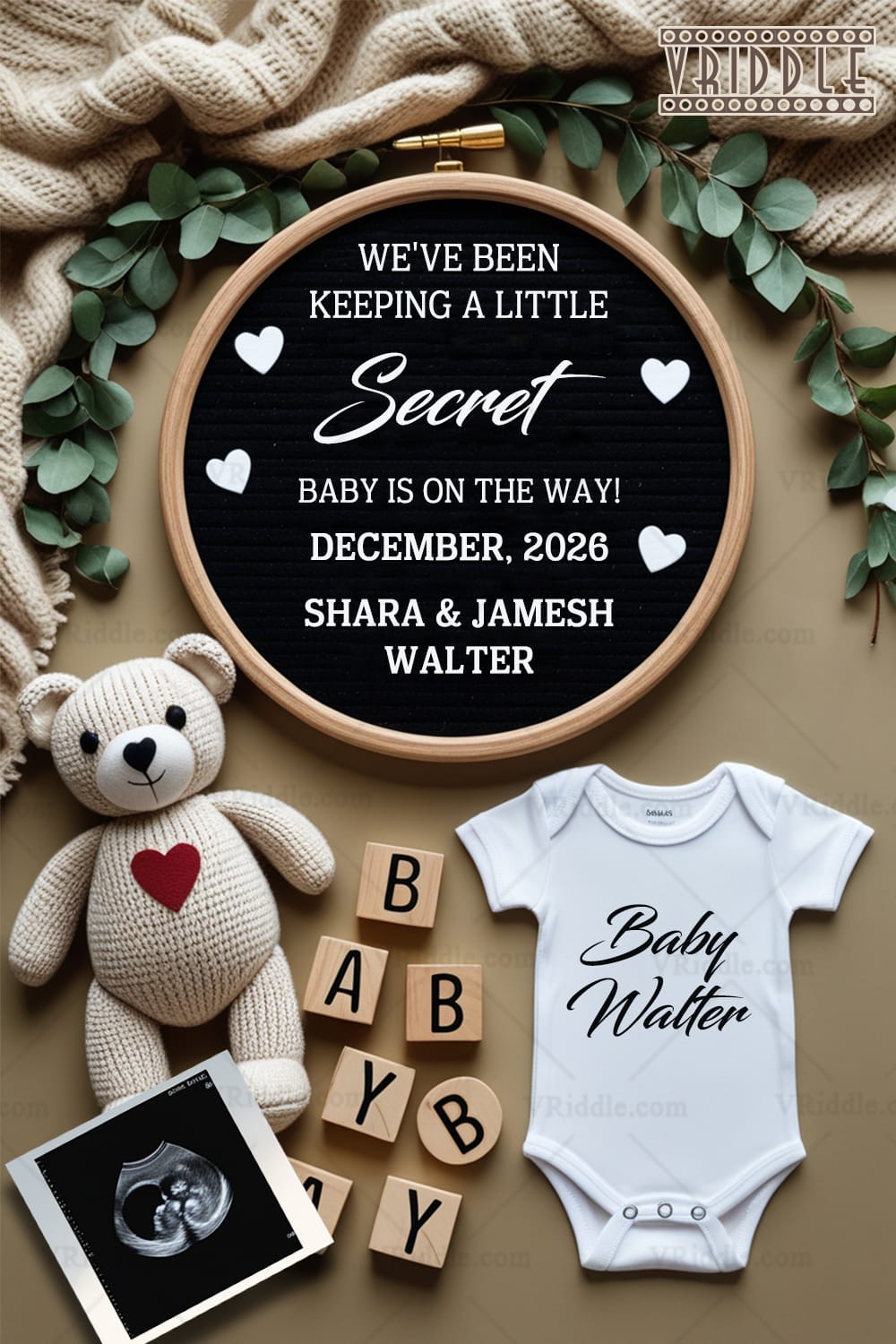 Rustic Reveal Baby Announcement with Flat Lay, Letter Board, Onesie and Ultrasound