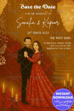 Save the Date Wedding Invitation Card with Royal Couple Illustration in Luxurious Gold and Red Theme