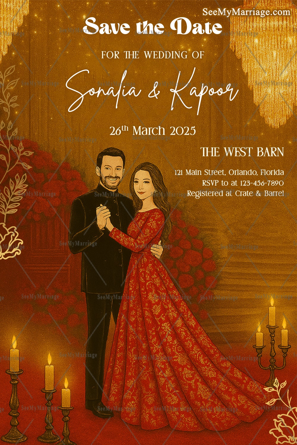 Save the Date Wedding Invitation Card with Royal Couple Illustration in Luxurious Gold and Red Theme