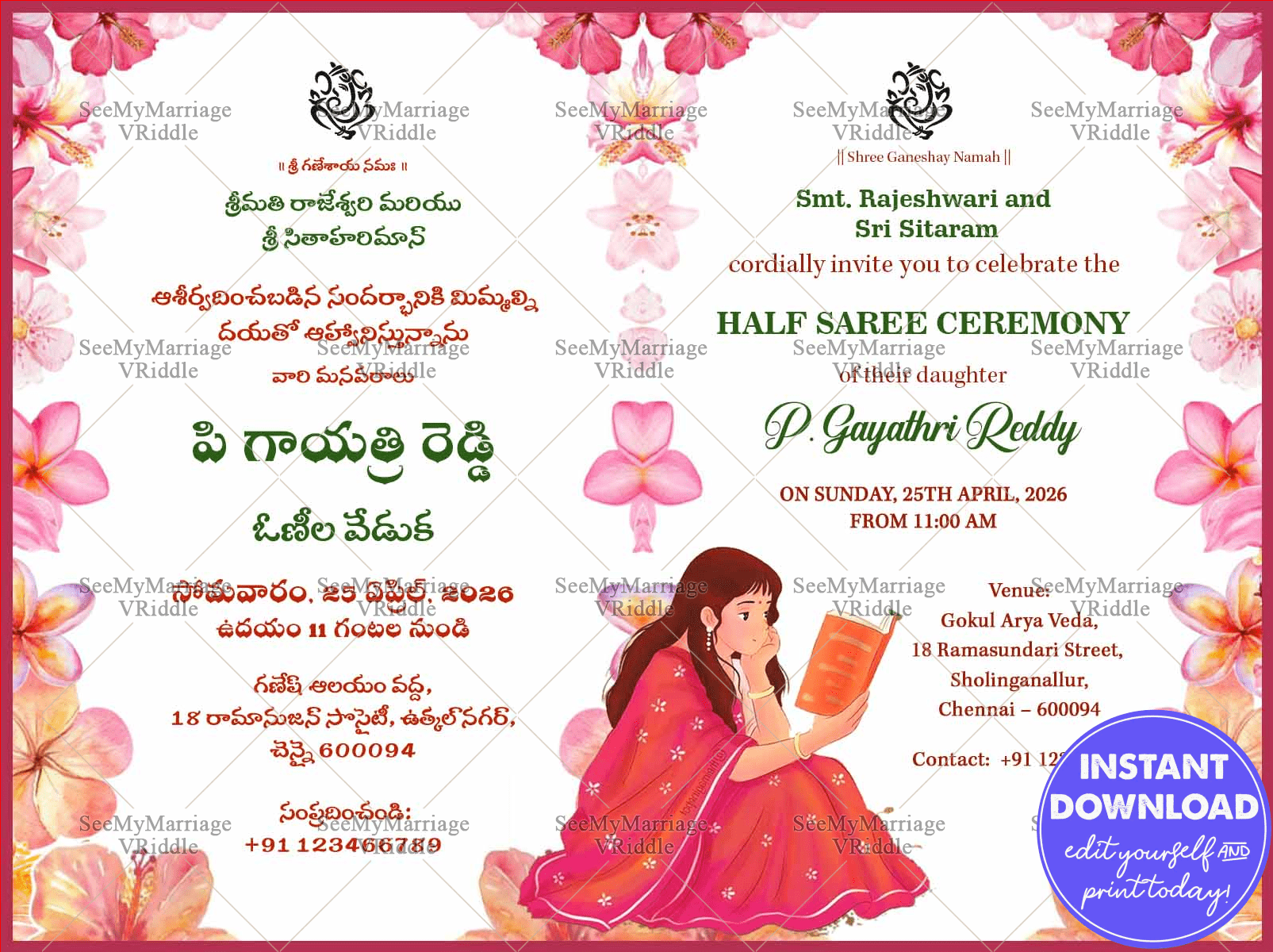 Graceful Telugu-English Half Saree Ceremony Twin Leaf Invitation Featuring Elegant Girl Reading a Book and Pink Floral Theme