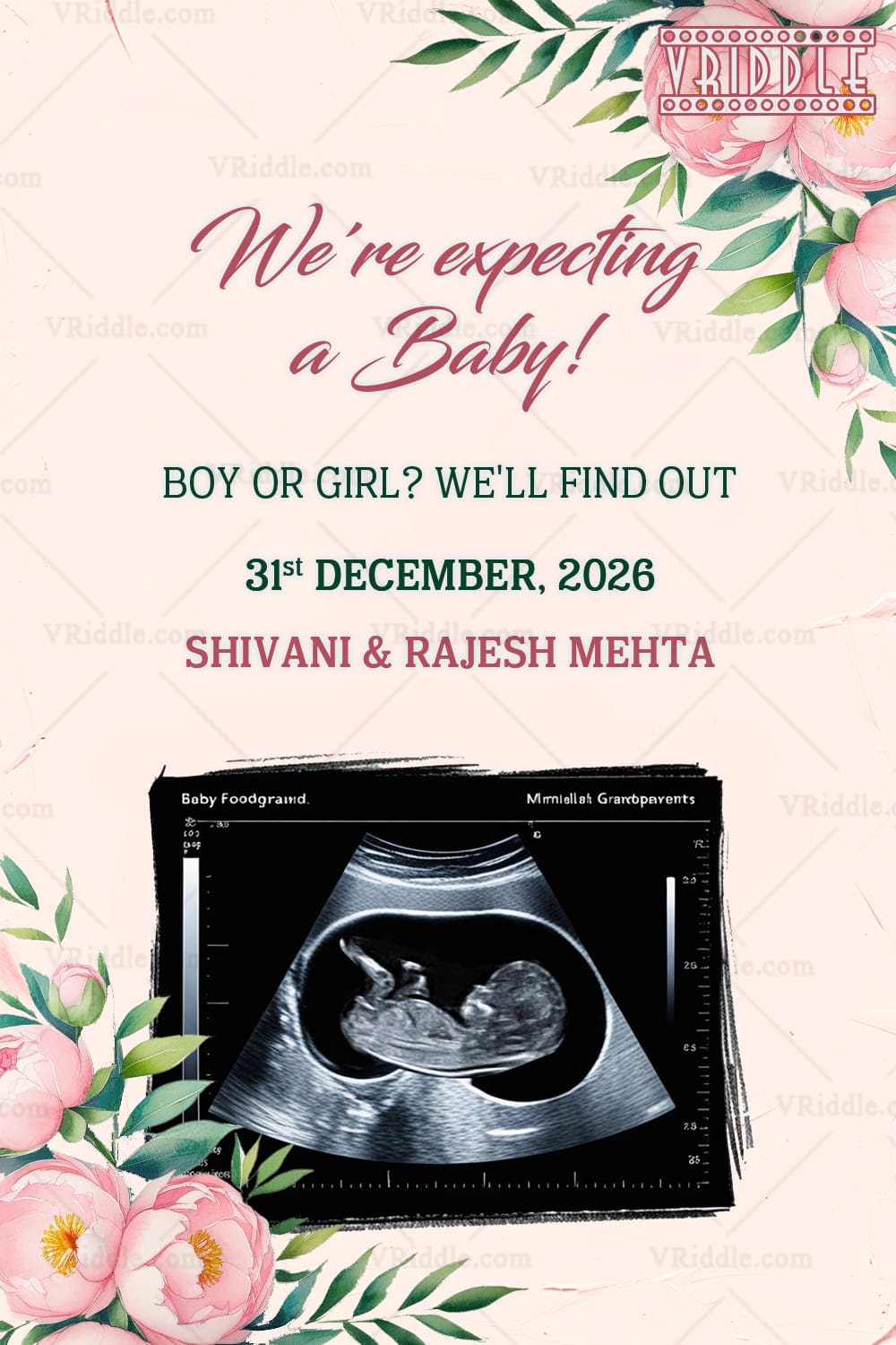 Soft Pink Sonogram Pregnancy Announcement with Add Photo, Photo and Peony Flowers