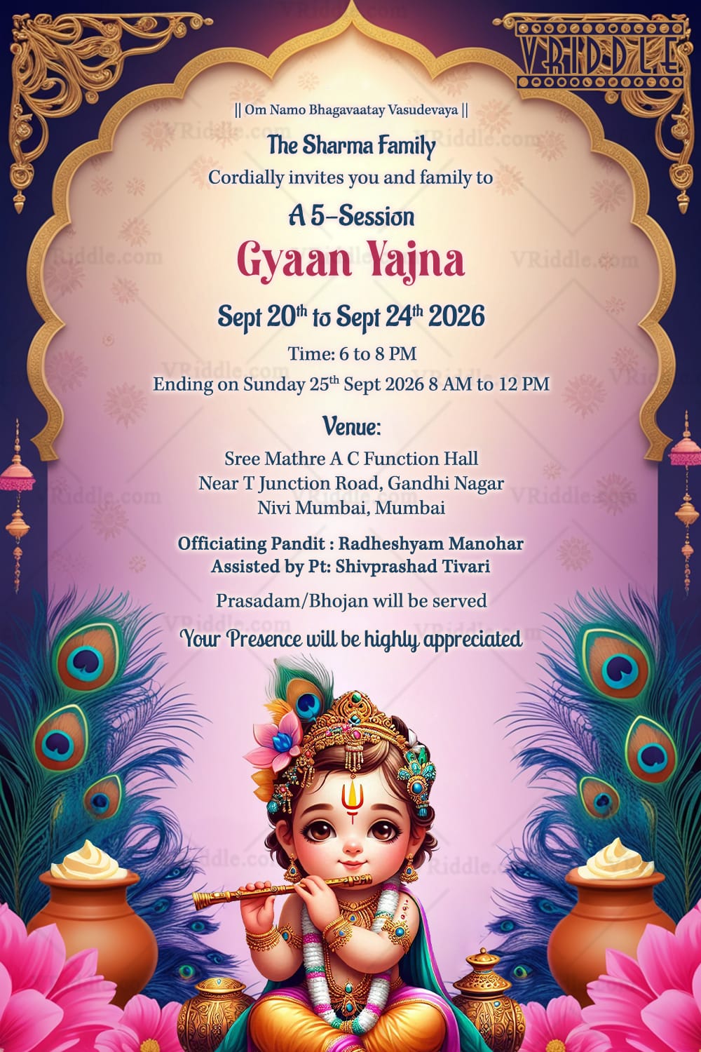 Spiritual Gyaan Yajna Invitation Card with Baby Krishna Illustration, Peacock Feather and Butter Pot