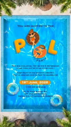 Summer Splash Pool Party Invitation Video with Illustrated Cartoon Kids and Palm Trees