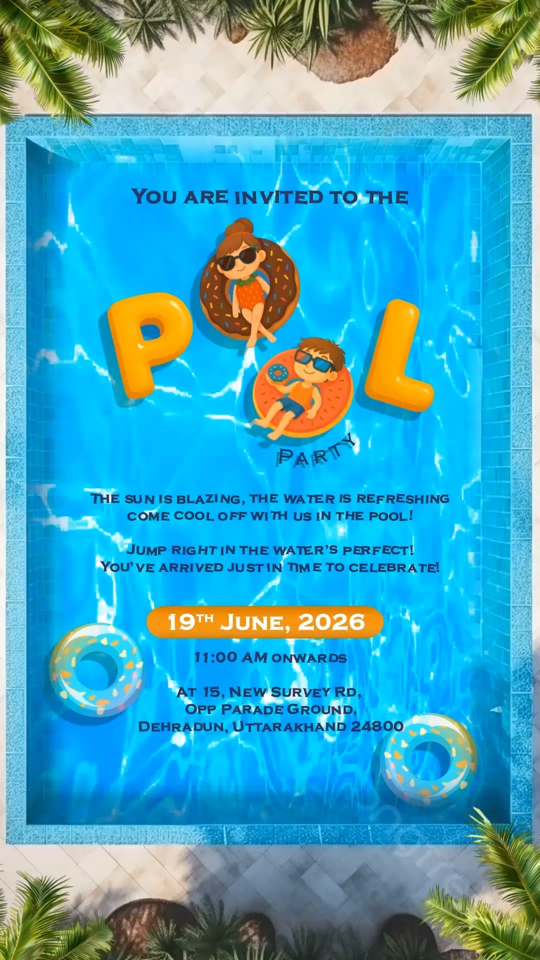 Summer Splash Pool Party Invitation Video with Illustrated Cartoon Kids and Palm Trees