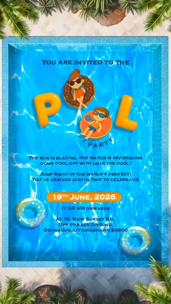 Summer Splash Pool Party Invitation Video with Illustrated Cartoon Kids and Palm Trees