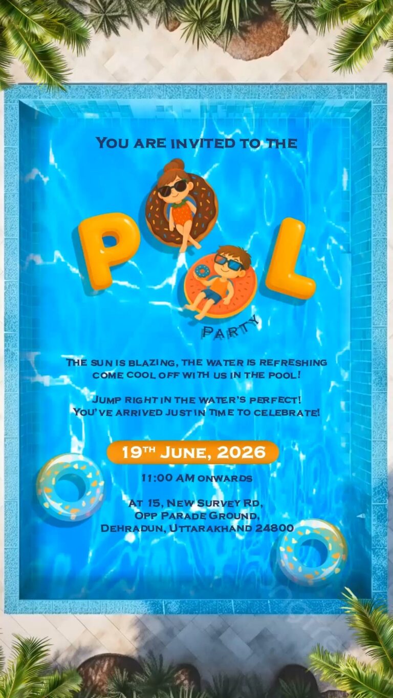 Summer Splash Pool Party Invitation Video with Illustrated Cartoon Kids and Palm Trees