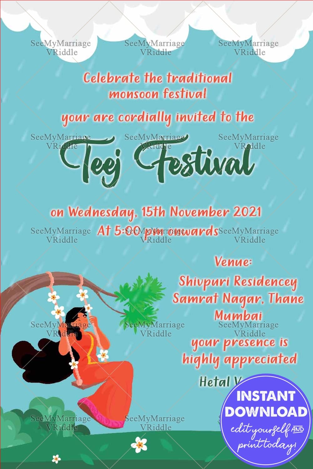 Swinging Woman Under Tree Teej Festival Invitation with Rain Theme and Scenic Nature Background