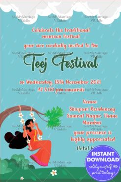 Swinging Woman Under Tree Teej Festival Invitation with Rain Theme and Scenic Nature Background