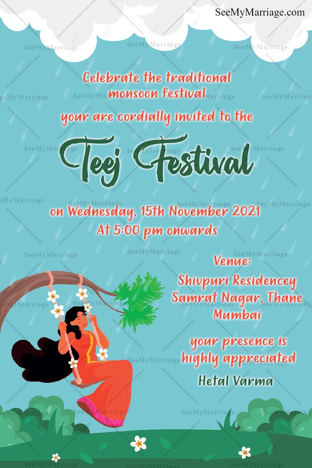 Swinging Woman Under Tree Teej Festival Invitation with Rain Theme and Scenic Nature Background