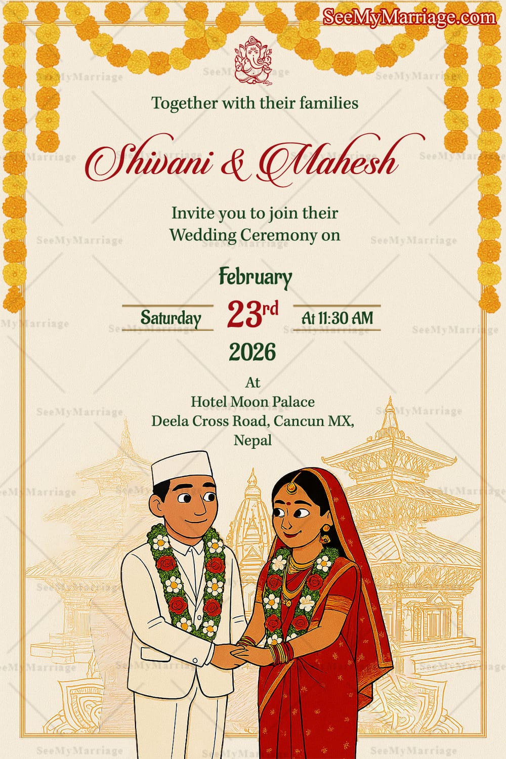 Temple Background Nepali Wedding Invitation Card with Illustrated Couple and Cultural Elements