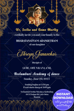 Traditional Bharatanatyam Invitation with Add Image and Hanging Diyas Ornate Border in Blue Theme