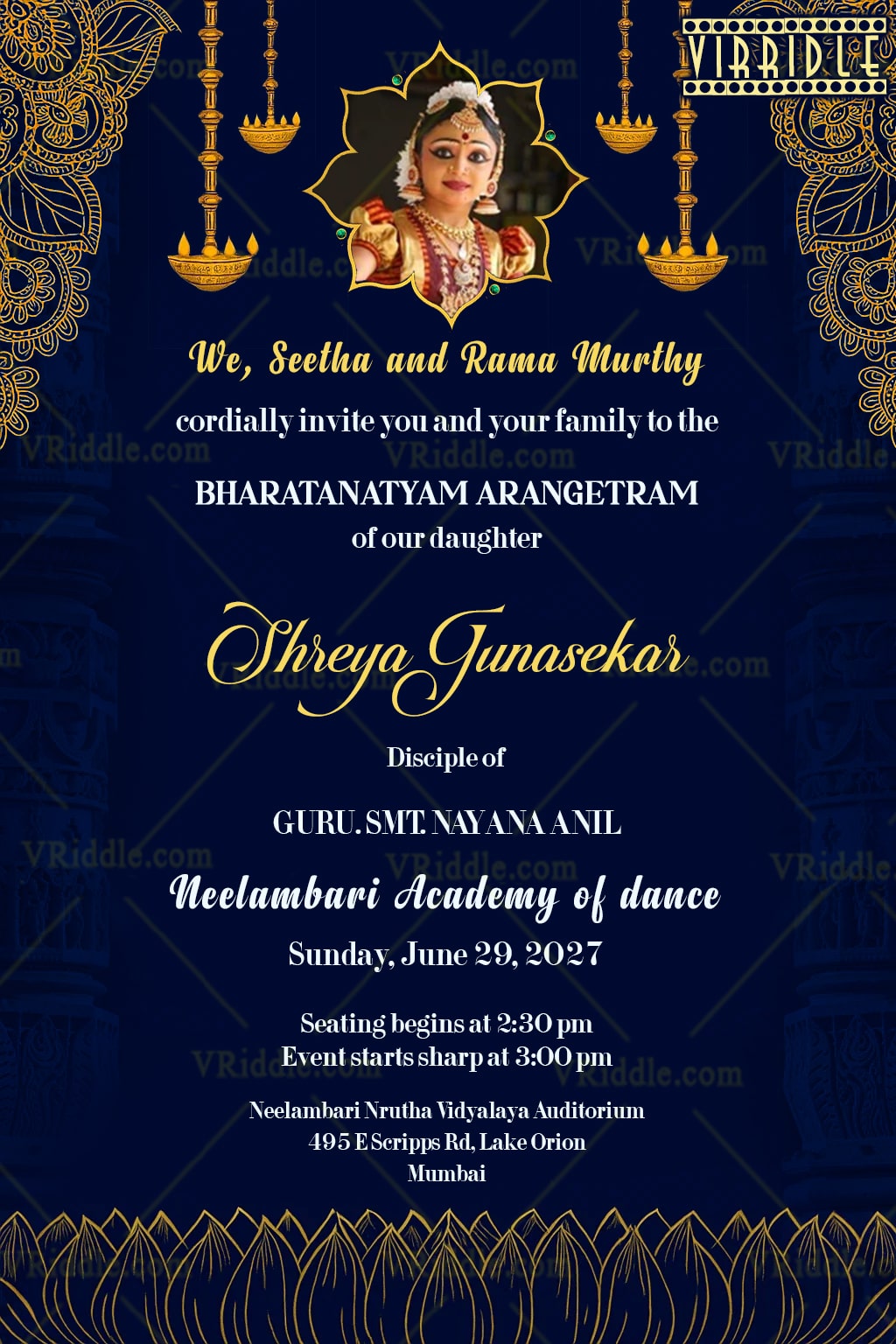 Traditional Bharatanatyam Invitation with Hanging Diyas Ornate Border in Blue Theme