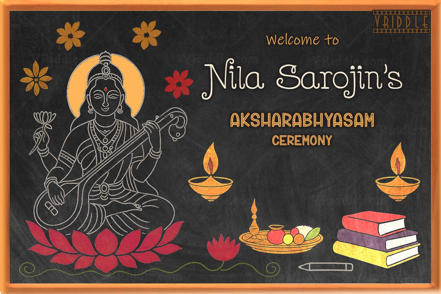 Traditional Blackboard-Style Vidyarambham Welcome Board with Goddess Saraswathi and Chalk Art Illustrations