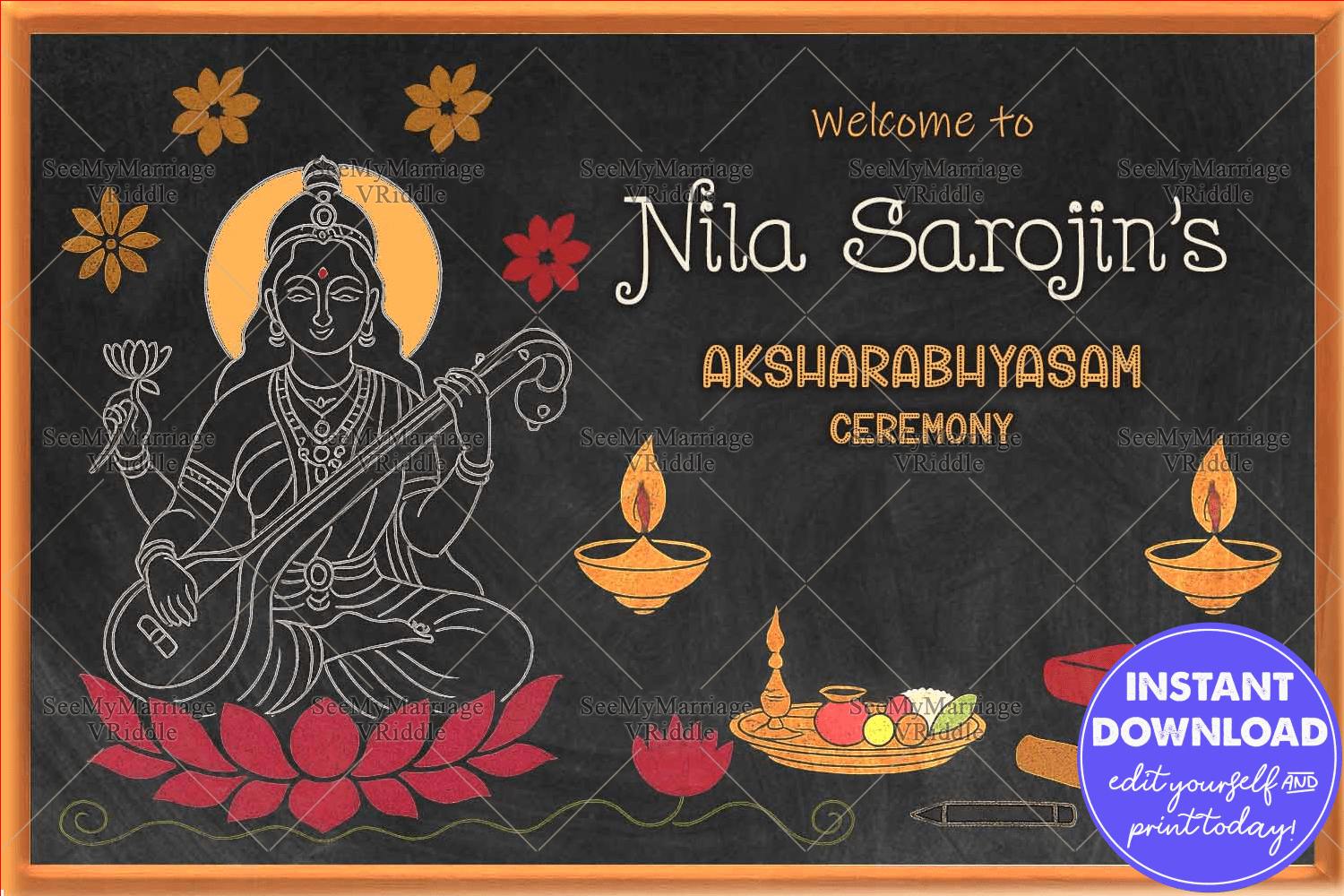 Traditional Blackboard-Style Vidyarambham Welcome Board with Goddess Saraswathi and Chalk Art Illustrations
