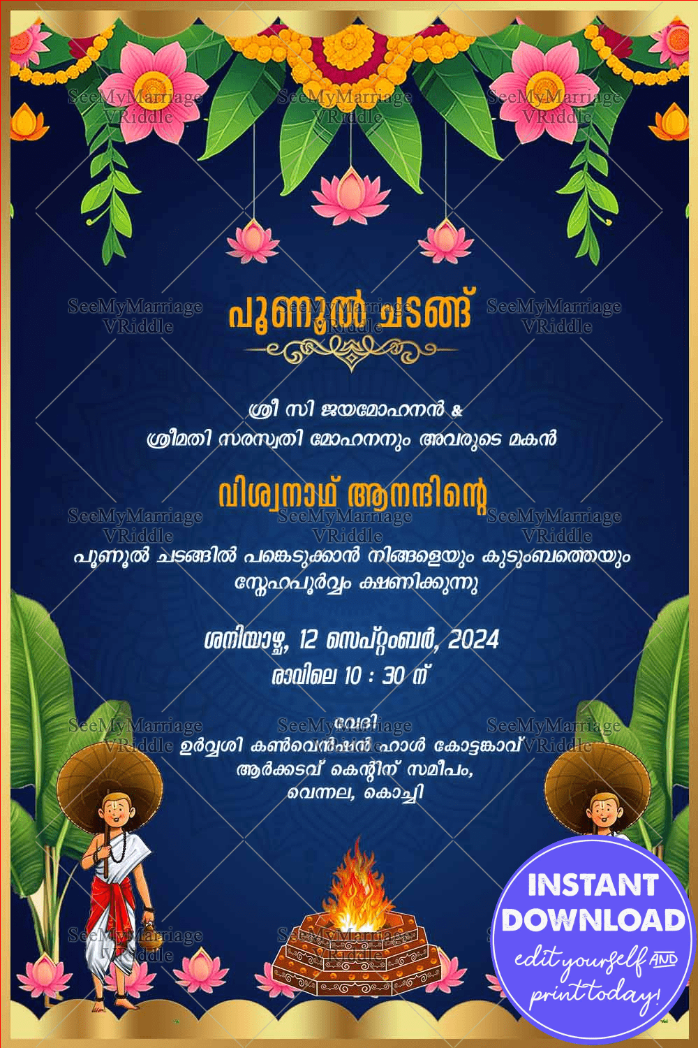 Traditional Poonul Ceremony Malayalam Invitation Blue in Royal Theme with Floral & Banana Leaf Decor