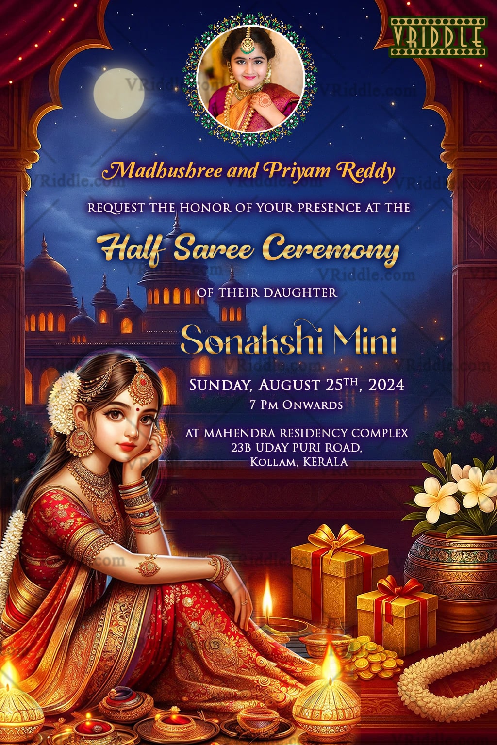 Traditional Royal Girl Half Saree Ceremony Invitation Card with Decorative Arch Frame and Add Image Option