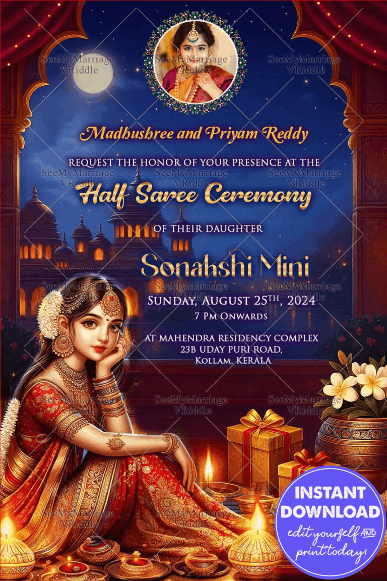 Traditional Royal Girl Half Saree Ceremony Invitation Card with Decorative Arch Frame and Add Image Option