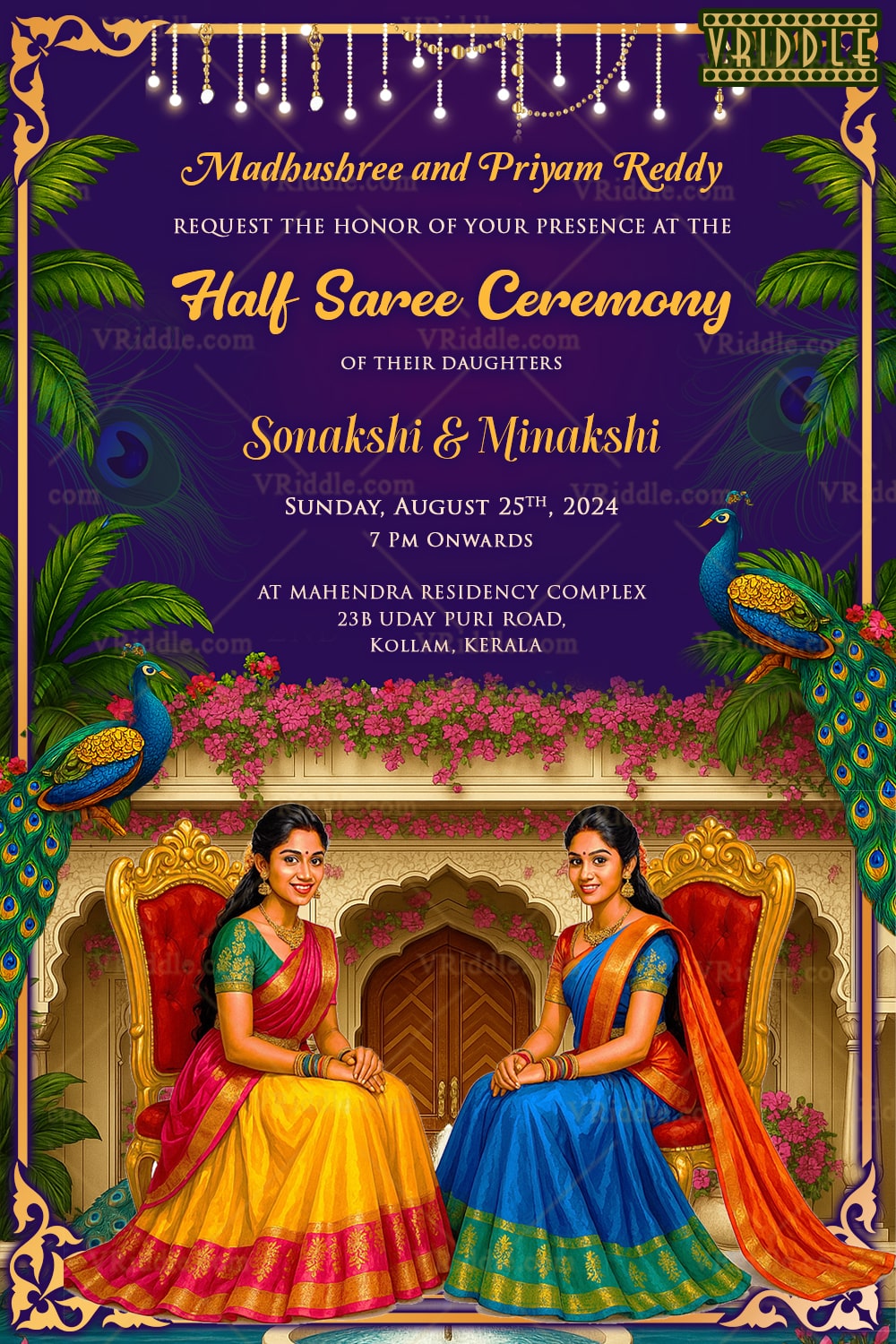 Traditional Sisters Half Saree Ceremony Invitation with Royal Blue Sky and Floral Accents