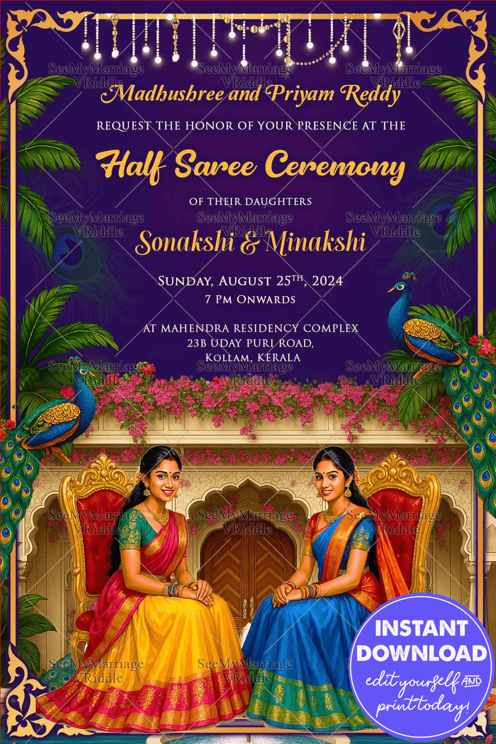 Traditional Sisters Half Saree Ceremony Invitation with Royal Blue Sky and Floral Accents