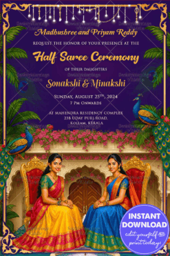 Traditional Sisters Half Saree Ceremony Invitation with Royal Blue Sky and Floral Accents