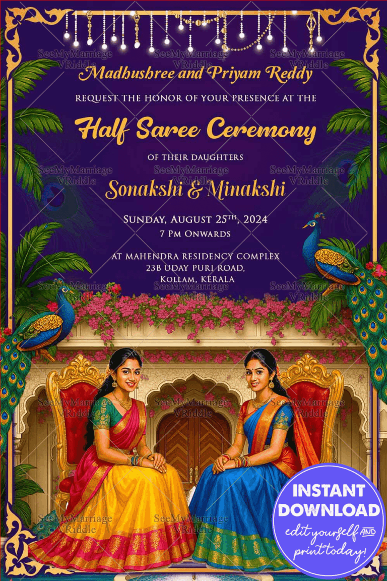 Traditional Sisters Half Saree Ceremony Invitation with Royal Blue Sky and Floral Accents