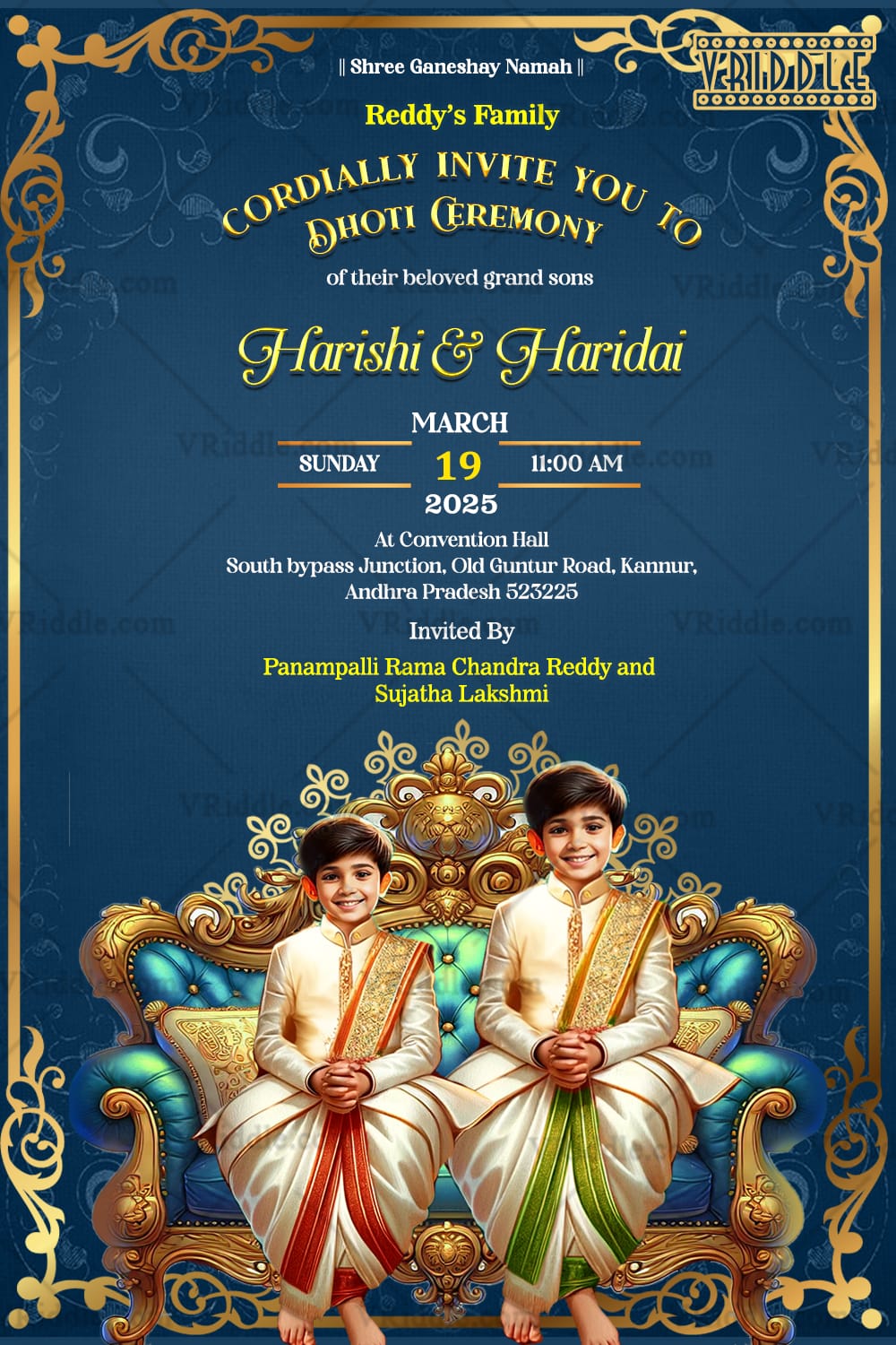 Twin Boys Dhoti Invitation Card with Rich Blue and Gold Theme, Ornamental Design