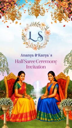 Twins Sisters Half Saree Ceremony Invitation Video with Cartoon Theme and Garden Backdrop, Fountain