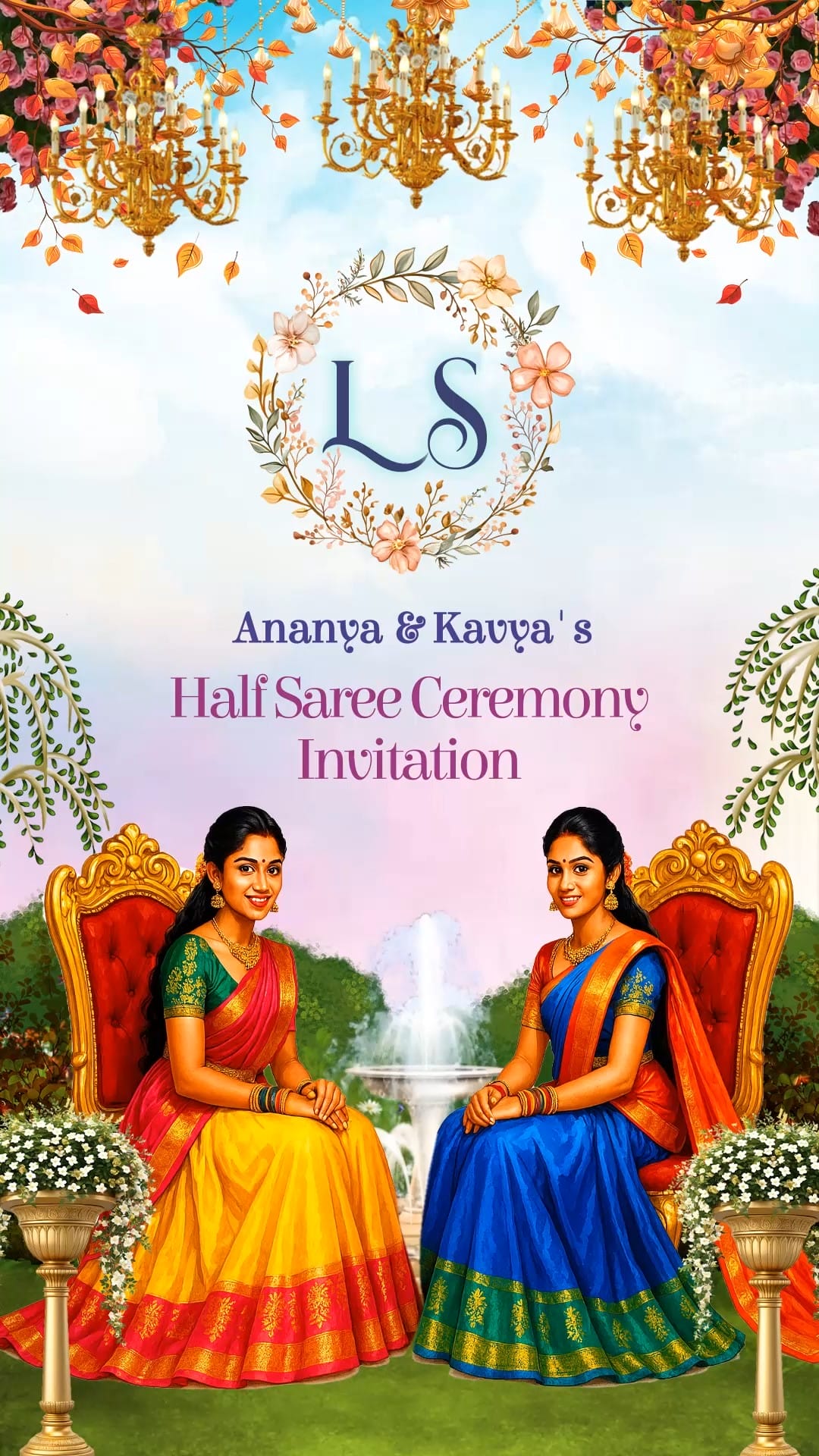 Twins Sisters Half Saree Ceremony Invitation Video with Cartoon Theme and Garden Backdrop, Fountain