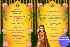Two Leaf Telugu and English Traditional Half Saree Ceremony Invite with Banana with Lotus And Cute Girl In Yellow Theme