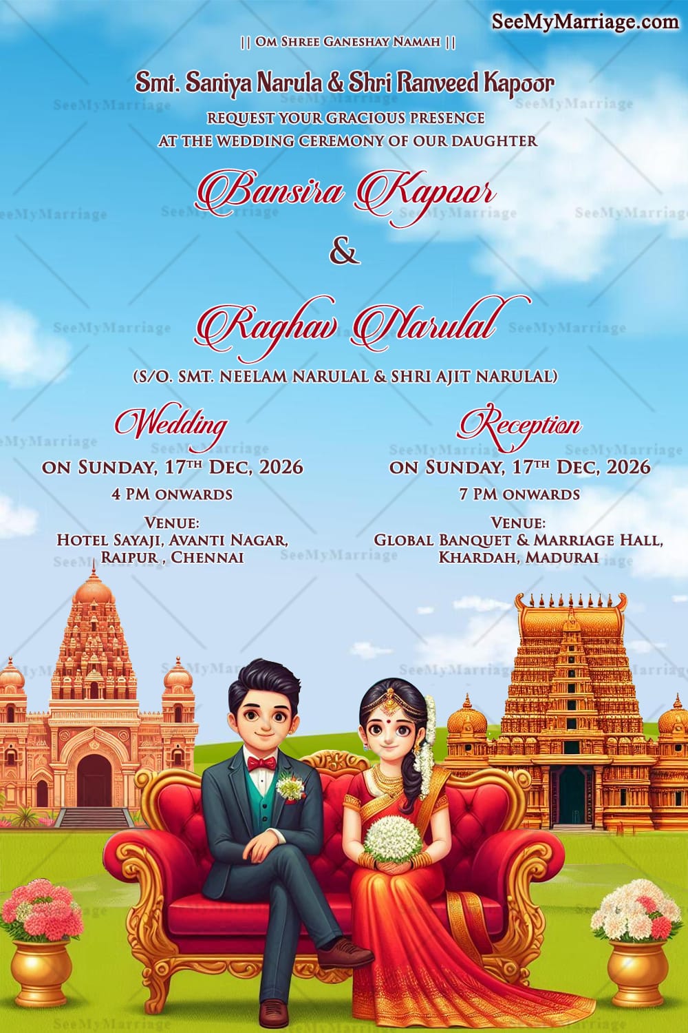 Two States Theme Wedding and Reception Invitation Card with Animated Couple and Temple Structure, South Indian Heritage Backdrop