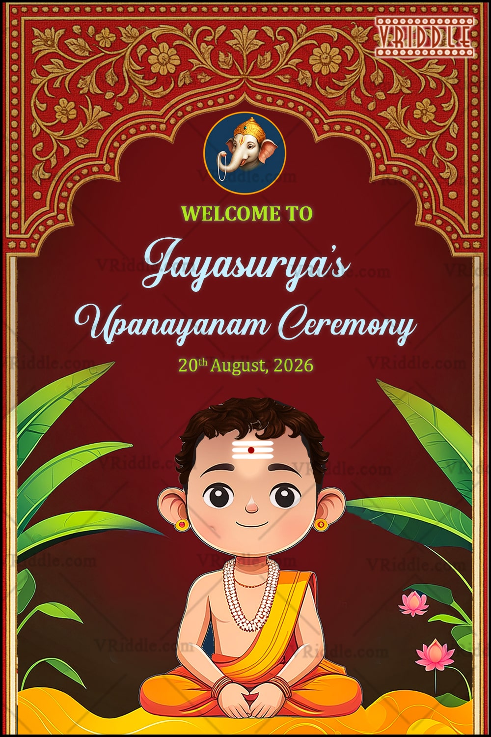 Upanayanam Welcome Sign Bord Traditional Maroon Theme with Vedic Boy and Banana Leaf Decor