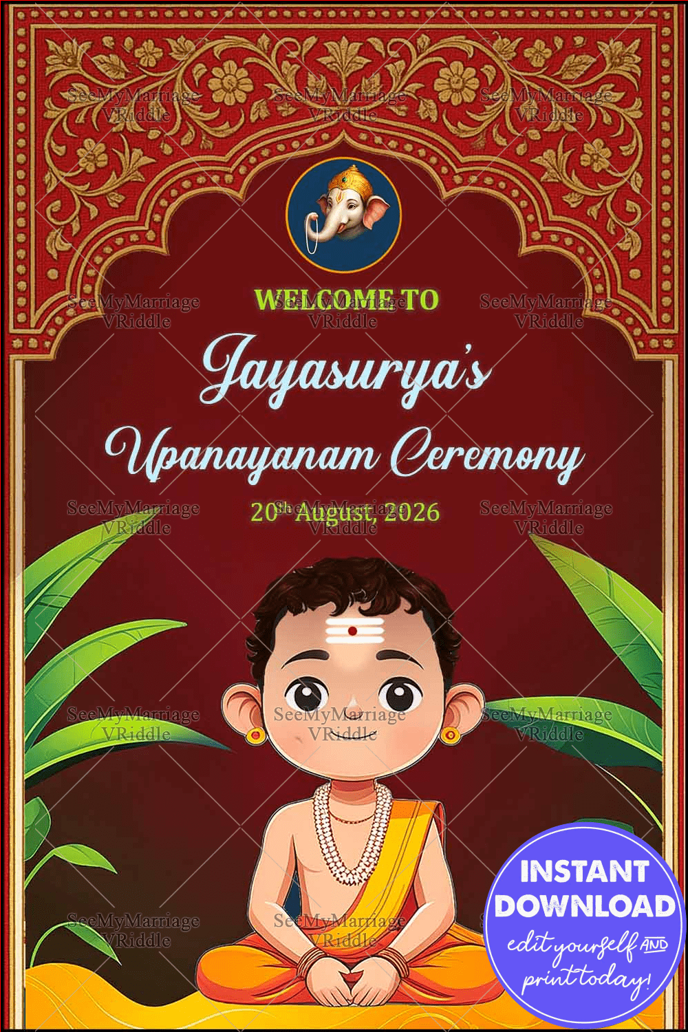 Upanayanam Welcome Sign Bord Traditional Maroon Theme with Vedic Boy and Banana Leaf Decor