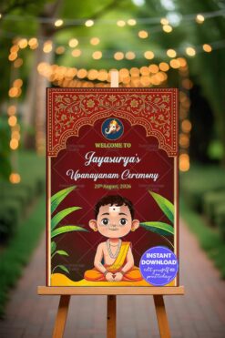 Upanayanam Welcome Sign Bord Traditional Maroon Theme with Vedic Boy and Banana Leaf Decor