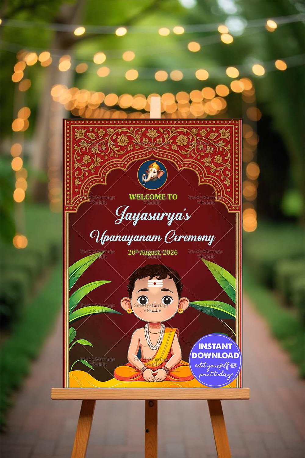 Upanayanam Welcome Sign Bord Traditional Maroon Theme with Vedic Boy and Banana Leaf Decor Mockup